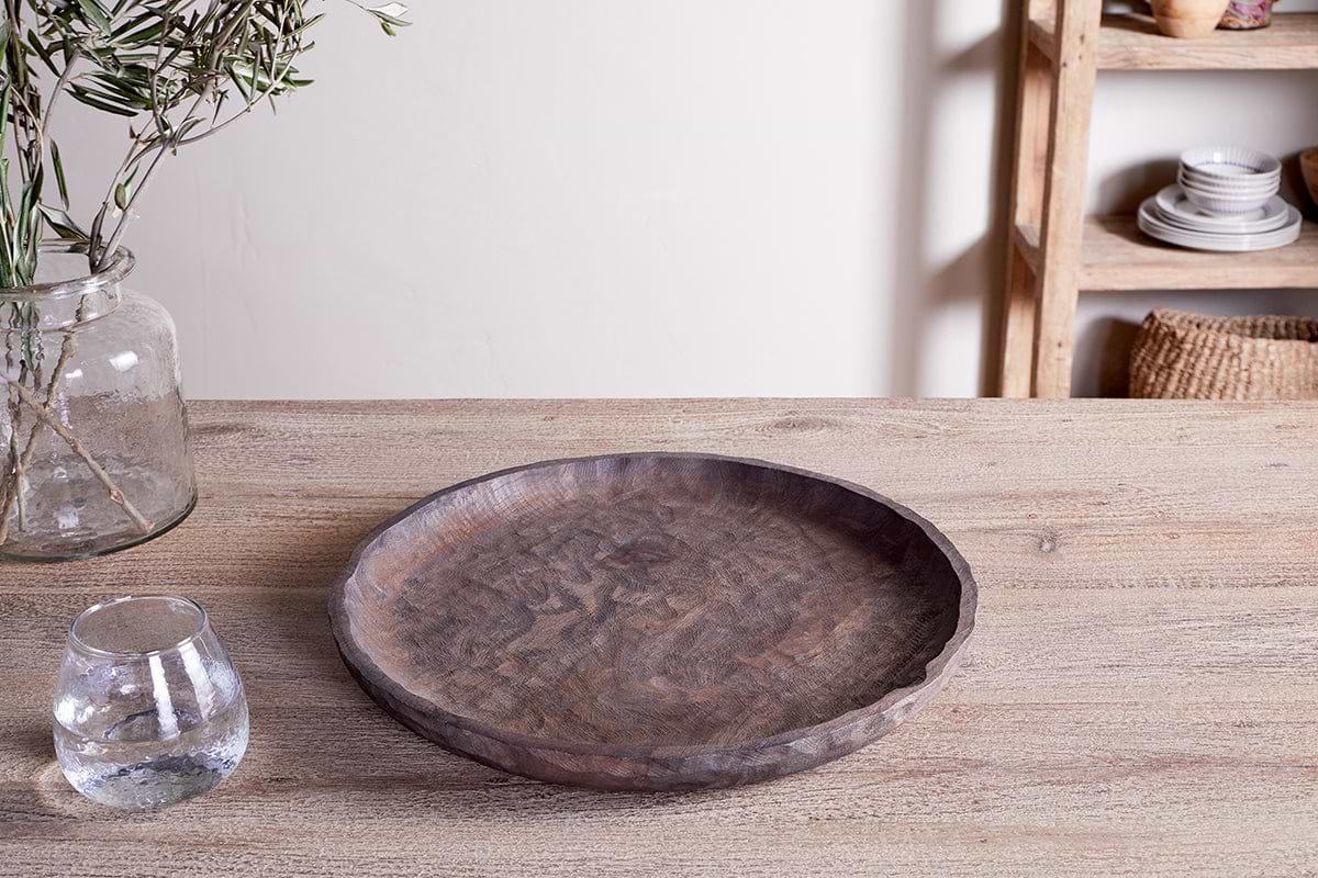 Nyati Mango Wood Etched Round Tray - Dark Brown
