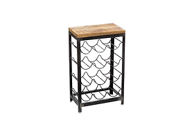 The nkuku Obra Industrial Wine Rack - Mango Wood & Iron - Small features a rectangular mango wood top, black iron frame, and three rows of curved holders for up to nine wine bottles, all displayed against a plain white background.