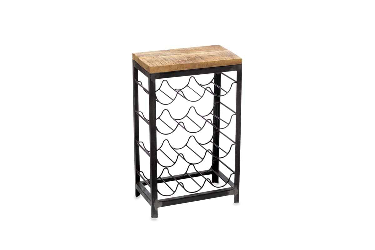 The nkuku Obra Industrial Wine Rack - Mango Wood & Iron - Small features a rectangular mango wood top, black iron frame, and three rows of curved holders for up to nine wine bottles, all displayed against a plain white background.