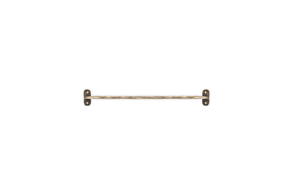 The Olani Bathroom Hanging Rail by nkuku, in antique brass, features twisted detailing and two rectangular mounting plates with visible screw holes—ideal for any bathroom. Complements stainless steel or other Olani Hanging Rail accessories.