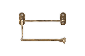 The nkuku Olani Toilet Roll Holder in antique brass features a handcrafted, hammered finish with a rustic look. It has a horizontal bar on two left wall mounts and a hinged arm that swings out for easy toilet roll replacement.