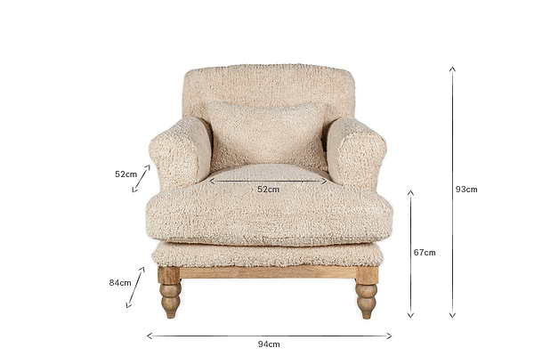 The nkuku Otas Teddy Cotton Armchair in Off White features a pillow, wooden legs, and a mango wood base. Dimensions labeled with arrows: 93cm tall, 94cm wide, 84cm deep; seat height 52cm, arm height 67cm, seat width 52cm.