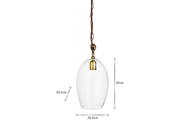 The Otoro Recycled Glass Pendant - Clear - Small Oval by nkuku features a clear glass shade, brass fittings, and a brown chain (30 cm high x 20.5 cm wide), shown suspended and isolated on a white background.