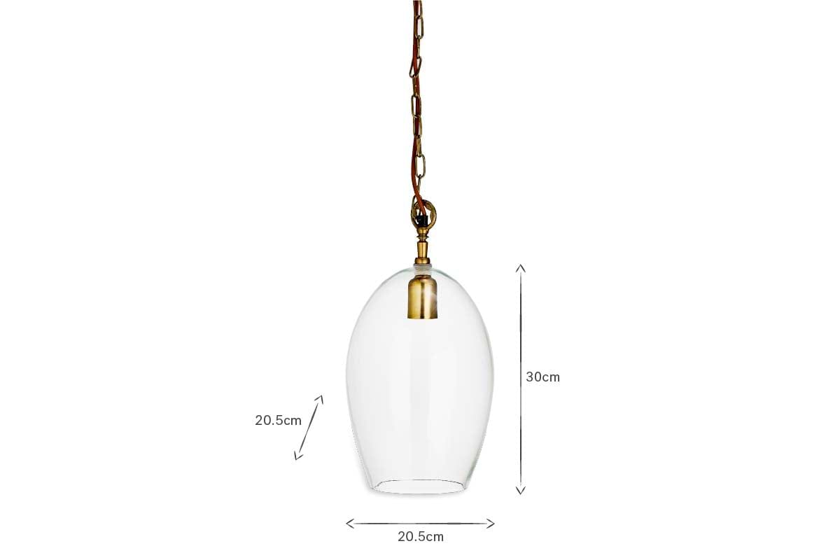The Otoro Recycled Glass Pendant - Clear - Small Oval by nkuku features a clear glass shade, brass fittings, and a brown chain (30 cm high x 20.5 cm wide), shown suspended and isolated on a white background.