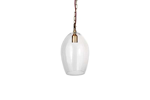 The nkuku Otoro Recycled Glass Pendant - Clear - Small Oval features an elongated clear shade, brass fittings, a brown cord, and hangs from a gold chain, creating an elegant look against a plain white background.