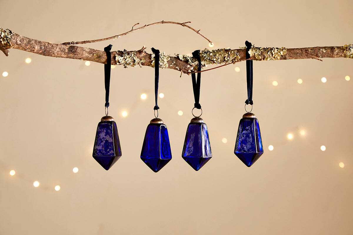 Ratnam Baubles - Indigo (Set of 4)-CHRISTMAS DECORATIONS-Nkuku