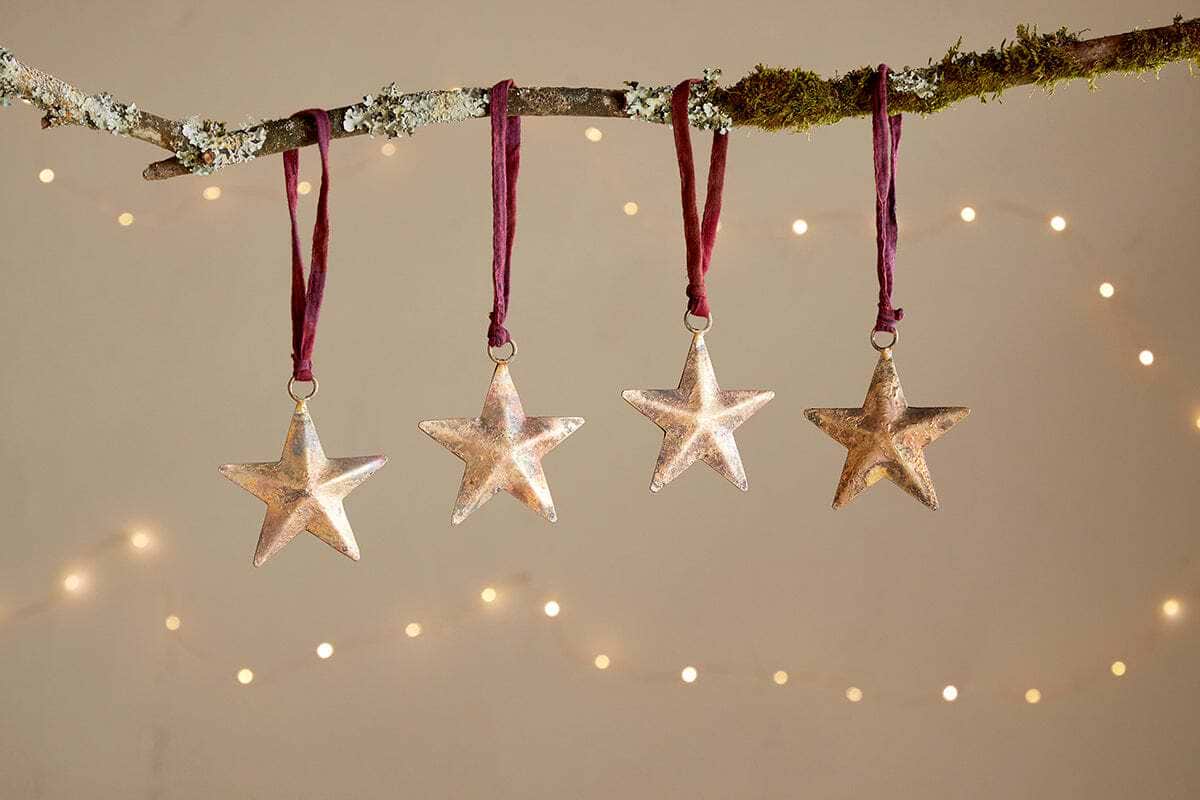 Roshani Star Baubles - Antique Brass (Set of 4)-CHRISTMAS DECORATIONS-Nkuku