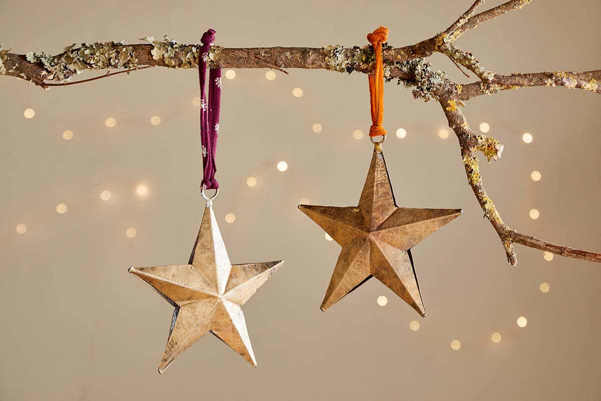 Roshani Star Baubles - Antique Brass (Set of 2)-CHRISTMAS DECORATIONS-Nkuku