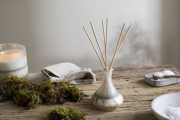 A nkuku Sea Salt & Moss Reed Diffuser sits in a small glass vase on a rustic wooden table, surrounded by green moss, a lit candle, a folded cloth, and a bowl of salt with a wooden spoon, creating an atmosphere of calm and natural beauty.