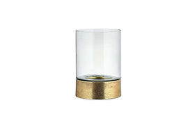 The Rajura Hurricane Lantern by nkuku is a clear cylindrical glass candle holder with a metallic gold base. Inspired by classic designs, its smooth lines and subtle shine create elegant ambient lighting, ideal for any plain white background.
