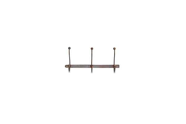 The nkuku Rama Iron Hook is a rustic, wall-mounted coat rack with three upward-curved iron hooks on a horizontal bar, featuring a weathered brown finish and mounting holes at each end. Shown against a white background.