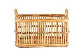 The nkuku Rammi Rattan Laundry Basket is a rectangular, light brown storage basket with two handles, vertical slats, and a woven base. Its natural rattan texture stands out against a plain white background.