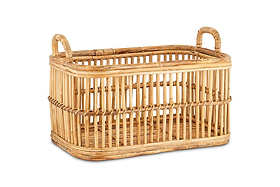 The Rammi Rattan Laundry Basket by nkuku features a rectangular design with open slats and two looped handles, crafted from natural light brown rattan. Shown empty on a plain white background.
