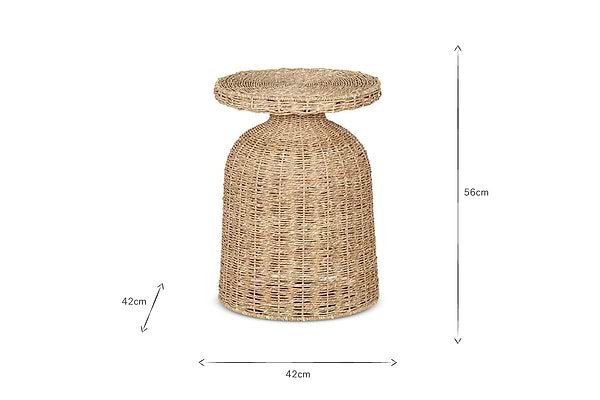 The nkuku Rampura Rattan Side Table - Natural features a handwoven rattan base and circular top. It measures 56cm tall by 42cm wide, with its natural fiber texture highlighted against a plain white background and measurement lines.
