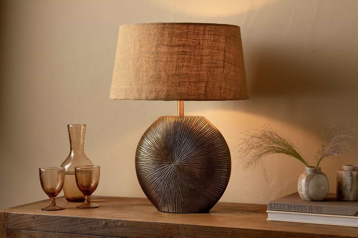 Ramvas Etched Table Lamp - Antique Brass-LAMPS-Nkuku