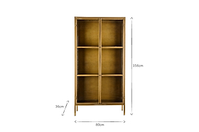 The nkuku Ranchi Iron Tall Cabinet features brass framing, glass-fronted doors, and six shelves. Measuring 156cm high, 80cm wide, and 36cm deep, it’s ideal for stylishly displaying your treasures.