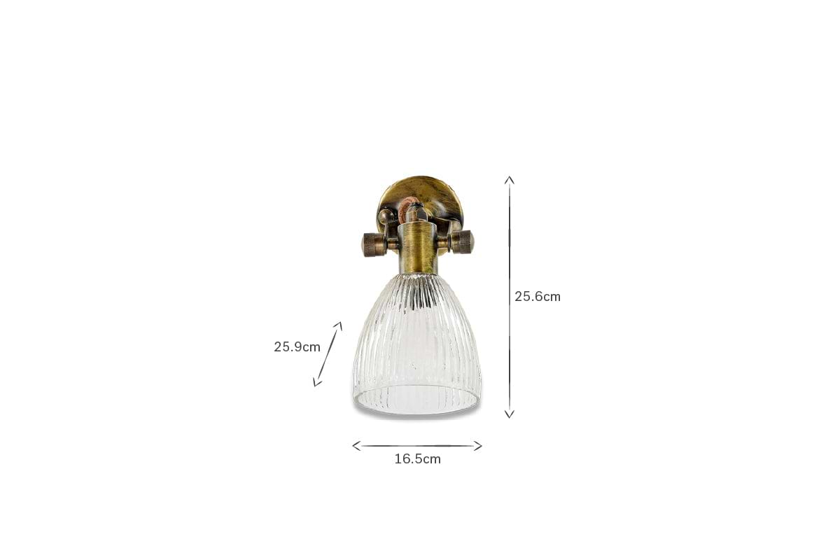 The nkuku Rarni Recycled Glass Single Wall Light is shown against a white background, with black arrows and numbers indicating its dimensions: 25.6 cm tall and 16.5 cm wide at the shade’s base, showcasing its elegant recycled glass and brass details.