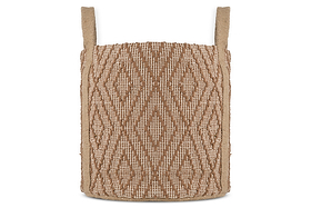 The Renu Jute Basket - Rust & Natural by nkuku features a kilim-inspired diamond pattern in brown and white with two tan handles.
