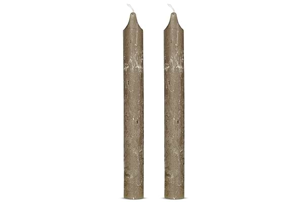 Two olive green Rustic Soy Blend Dinner Candles by nkuku stand upright side by side, each with a pointed tip, visible white wick, subtle marbling, and a beautifully textured finish. Set of 2.