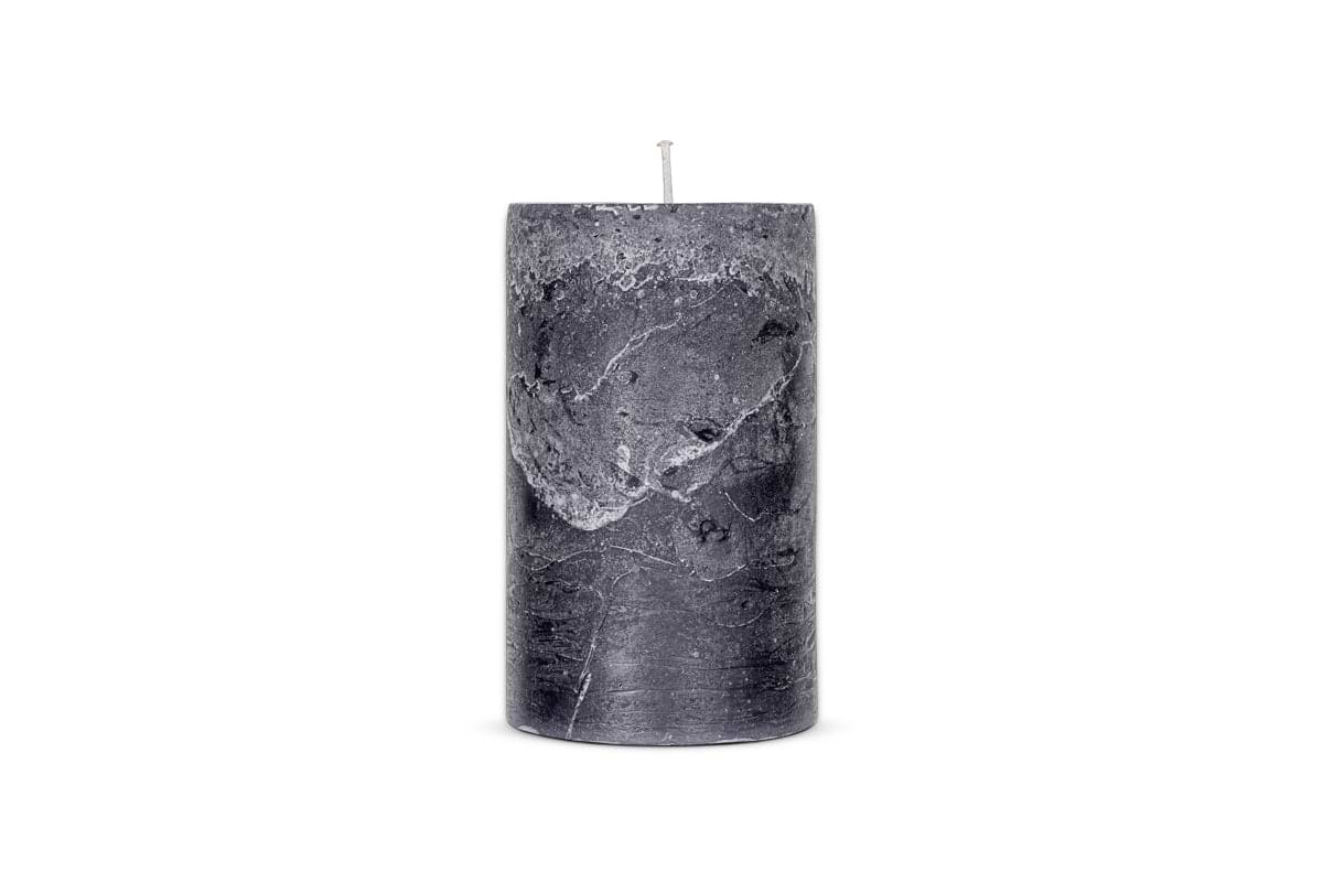 The Nkuku Rustic Soy Blend Pillar Candle - Charcoal - Large features a tall, cylindrical shape with a textured marbled finish, single white wick, and soy wax blend. Shown standing upright on a plain white background.