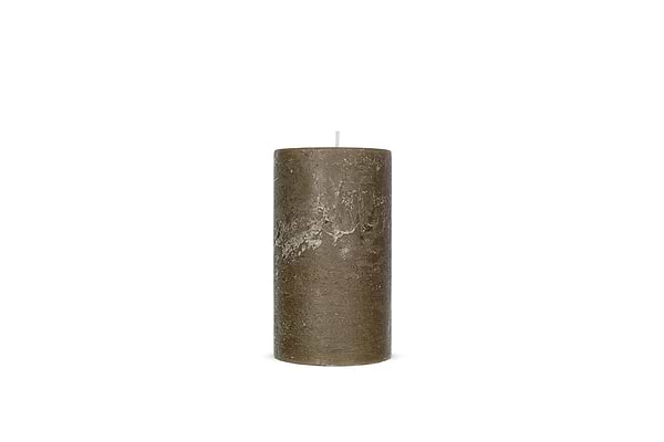 The Nkuku Rustic Soy Blend Pillar Candle in olive green, small size, stands unlit with a white wick and a textured, natural finish against a plain white background.