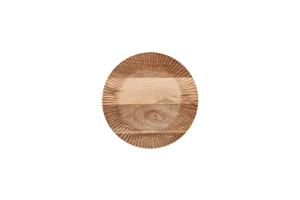 The nkuku Soria Chopping Board is a round, flat board made from mango wood, showcasing natural grain patterns and striking alternating light and dark tones, photographed against a plain white background.