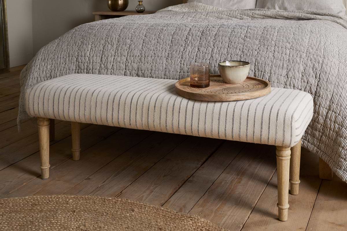 Sanja Stripe Upholstered Bench - Grey-SEATING-Nkuku