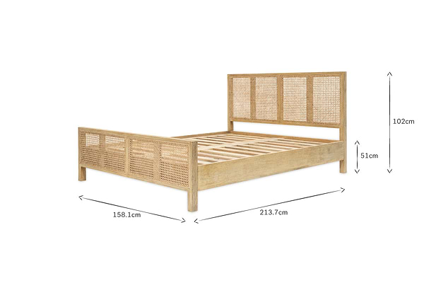 The nkuku Saharsa Cane & Mango Wood Bed features a handcrafted mango wood frame with handwoven cane headboard and side rails (158.1cm W x 213.7cm L x 102cm H, 51cm platform), offering a sustainable, serene retreat for your bedroom.