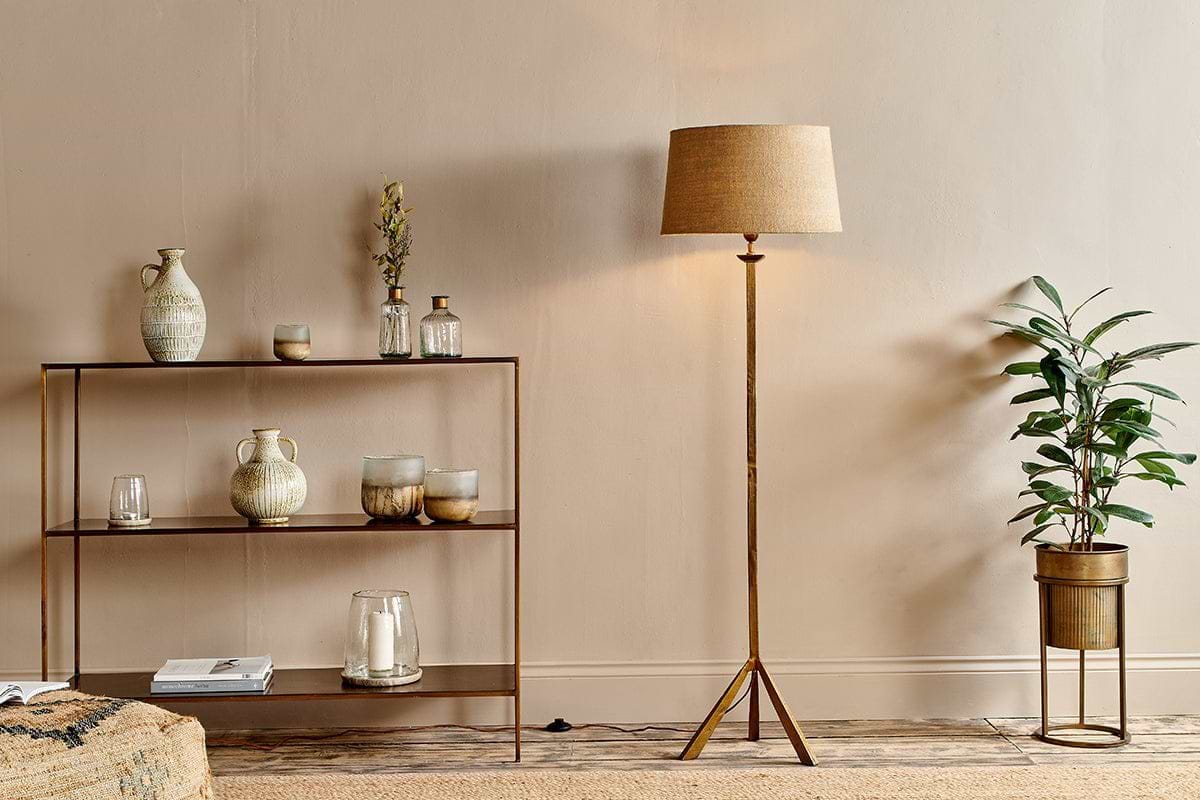 Sahhil Metal Tripod Floor Lamp - Antique Brass-LAMPS-Nkuku