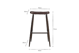 The Samaira Leather Counter Stool by nkuku is shown from the front, featuring a dark brown buffalo leather seat. It measures 40cm wide, 30cm deep, and 71cm tall, with black arrows marking the well-spaced legs.
