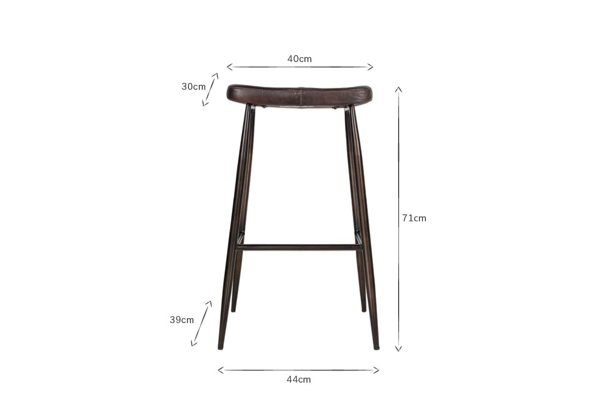 The Samaira Leather Counter Stool by nkuku is shown from the front, featuring a dark brown buffalo leather seat. It measures 40cm wide, 30cm deep, and 71cm tall, with black arrows marking the well-spaced legs.