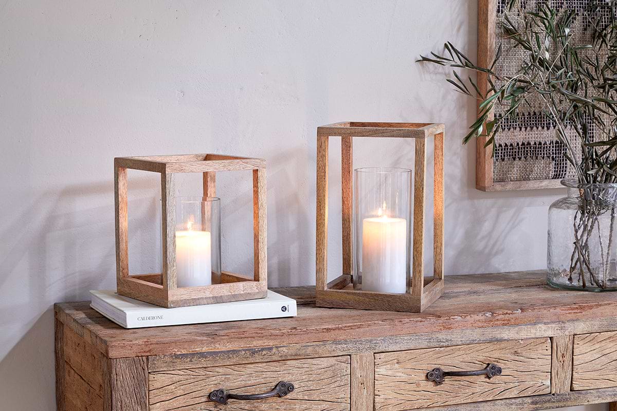 Sanora Mango Wood Lantern - Natural-CANDLES HOLDERS & LANTERNS-Nkuku