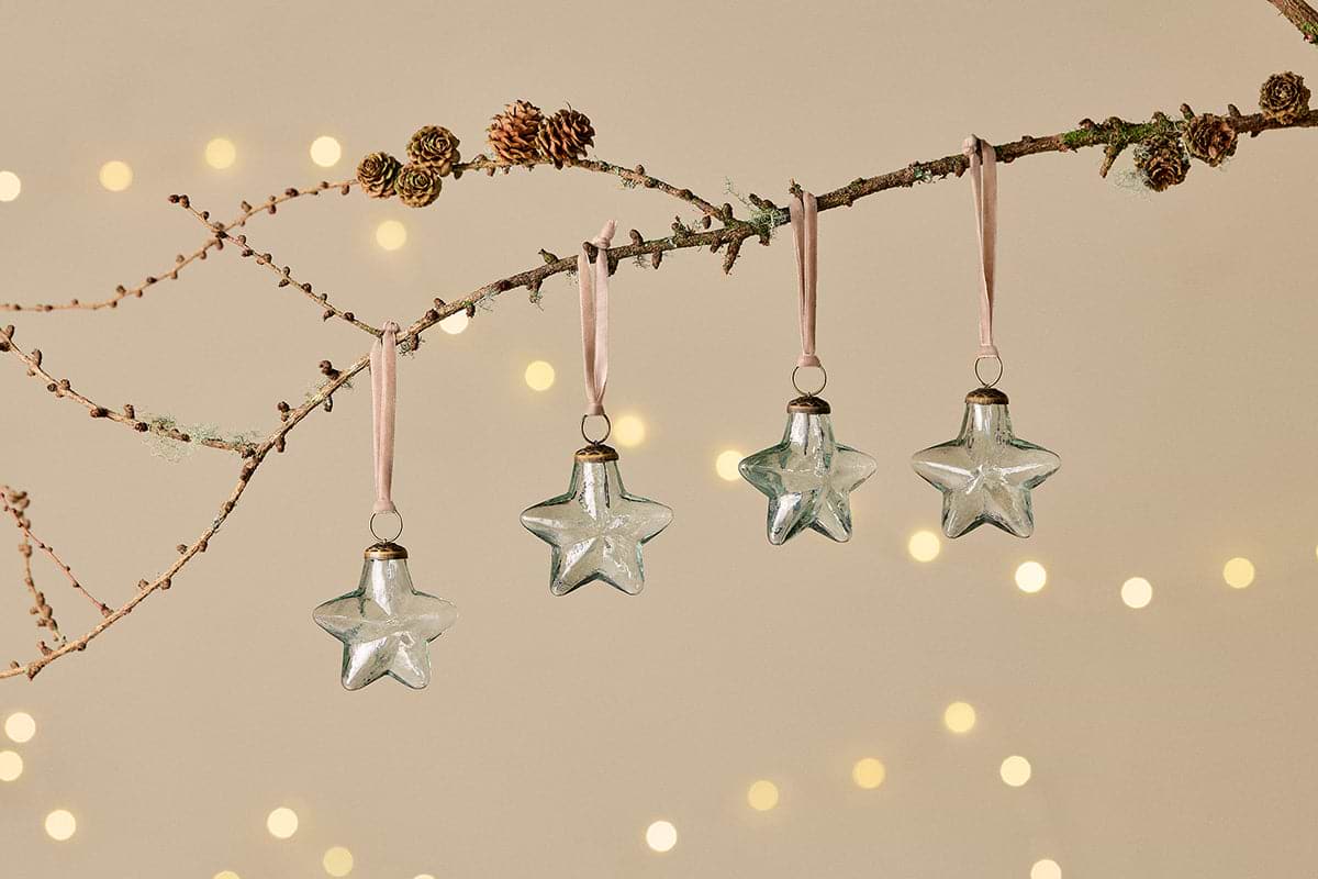 Sardi Star Baubles - Clear (Set of 4)-CHRISTMAS DECORATIONS-Nkuku