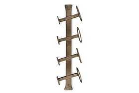 The nkuku Shray Iron Wine Rack in Antique Brass is a wall-mounted holder with four angled arms, alternating left and right, and rings at the end of each right-facing arm.
