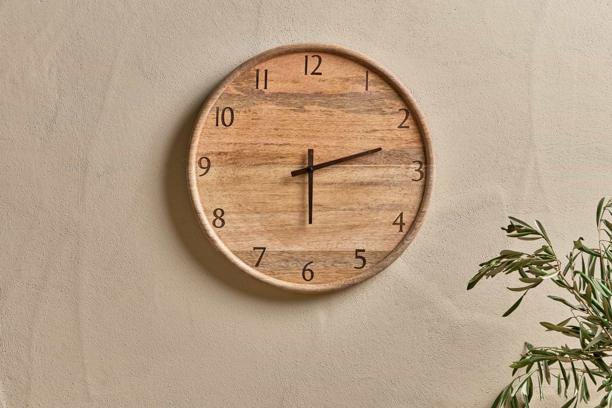 Som Mango Wood Clock - Natural-DECORATIVE ACCESSORIES-Nkuku
