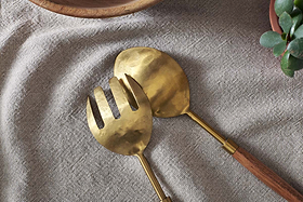 Soni Salad Servers - Gold & Acacia (Set of 2)-SERVEWARE-Nkuku