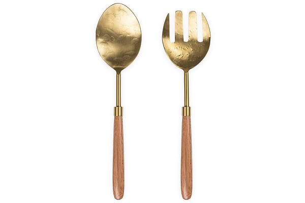 Soni Salad Servers - Gold & Acacia (Set of 2)-SERVEWARE-Nkuku