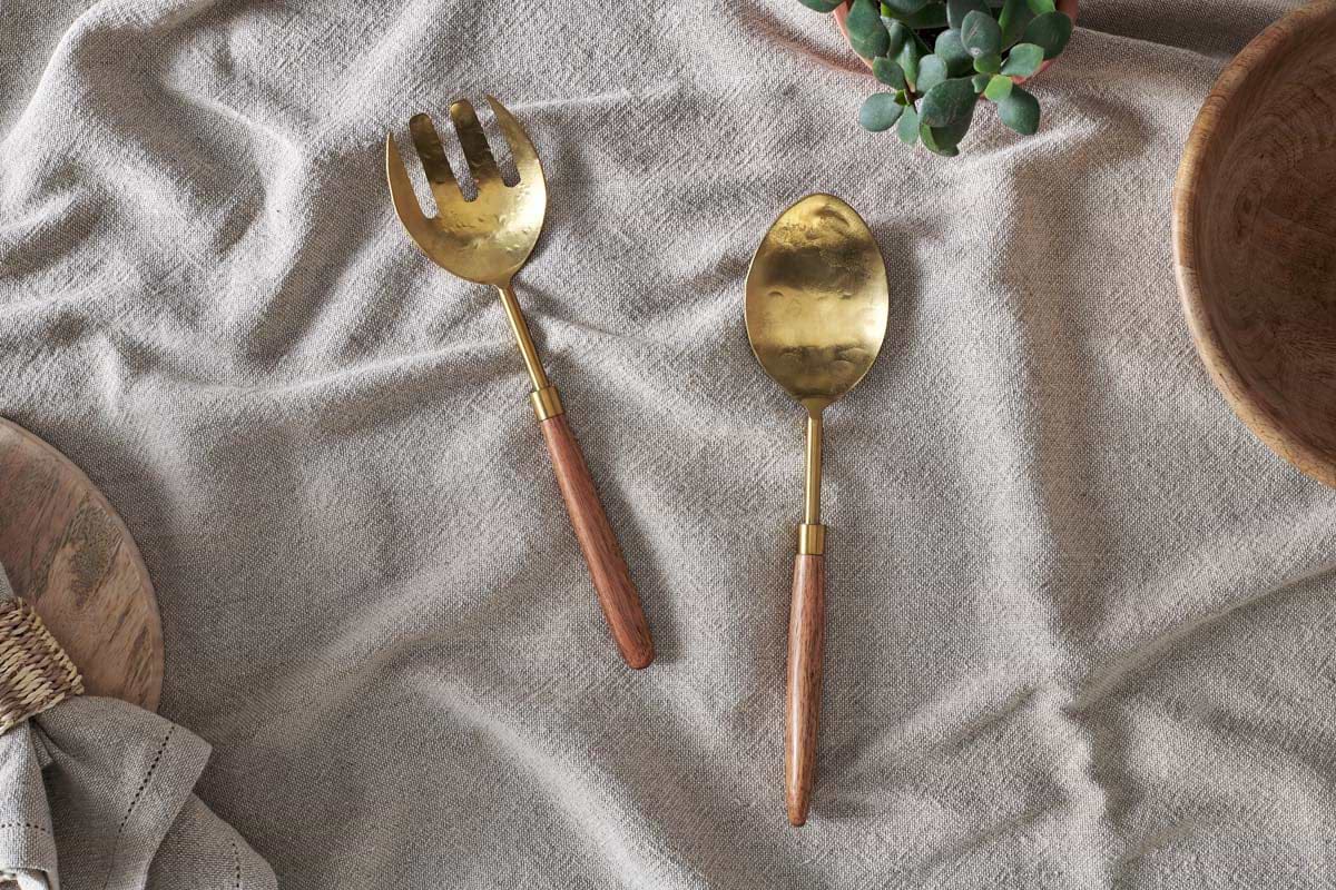 Soni Salad Servers - Gold & Acacia (Set of 2)-SERVEWARE-Nkuku