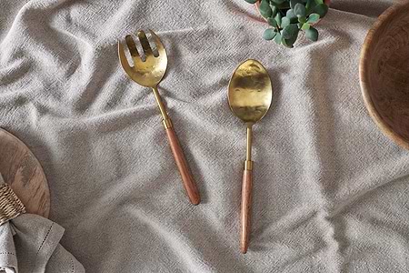 Soni Salad Servers - Gold & Acacia (Set of 2)-SERVEWARE-Nkuku