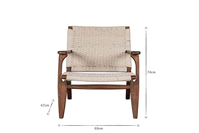 The nkuku Surat Woven Lounger - Natural features a wide acacia wood frame with hand-woven cotton rope seat and back. With angular armrests, sturdy legs, and dimensions of 74 cm high x 69 cm wide x 67 cm armrest height.
