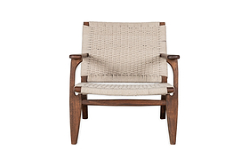 The nkuku Surat Woven Lounger - Natural features a brown acacia wood frame with a hand-woven light beige cotton rope seat and backrest, curved armrests, tapered legs, and a timeless design.