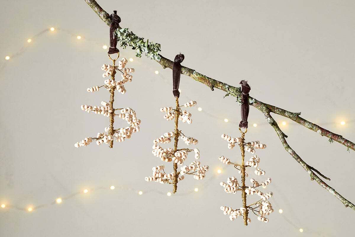 Tanu Mango Wood Beaded Baubles - Brass & Natural (Set of 3)-CHRISTMAS DECORATIONS-Nkuku