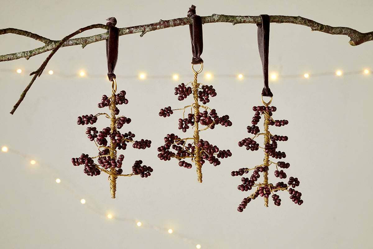 Tanu Mango Wood Beaded Baubles - Brass & Ruby (Set of 3)-CHRISTMAS DECORATIONS-Nkuku