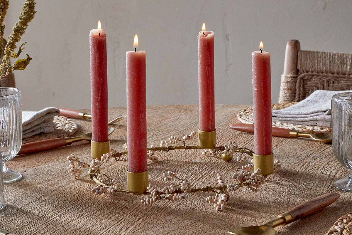 Tanu Mango Wood Beaded Candle Holder - Brass & Natural-CHRISTMAS DECORATIONS-Nkuku