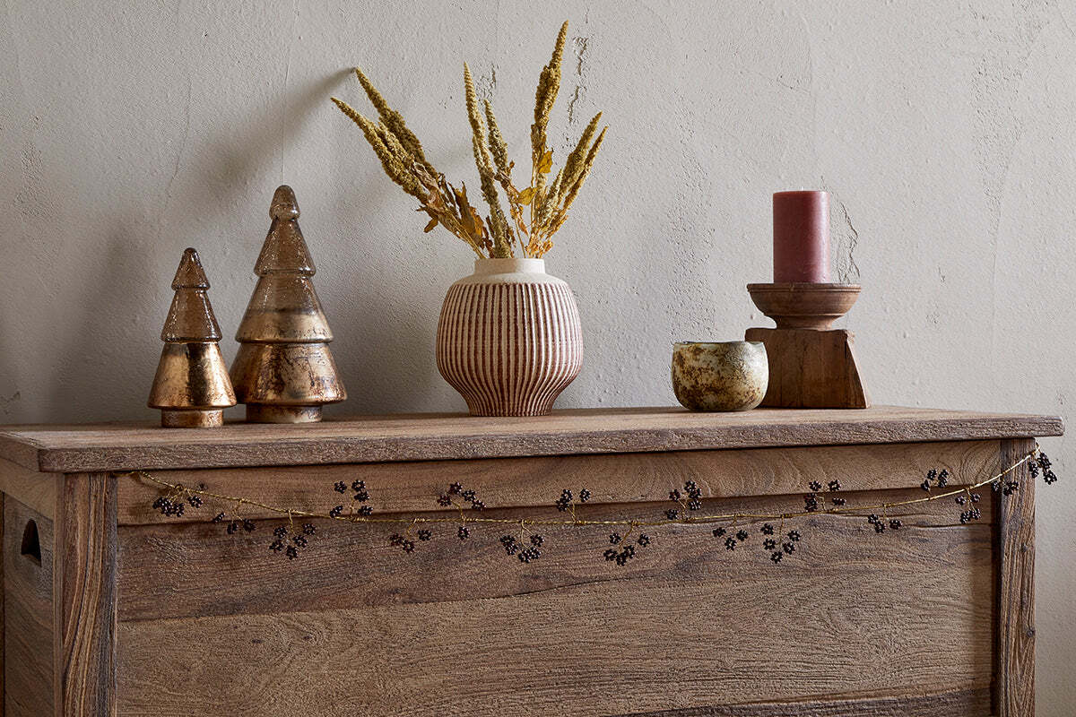 Tanu Mango Wood Beaded Garland - Brass & Ruby-CHRISTMAS DECORATIONS-Nkuku