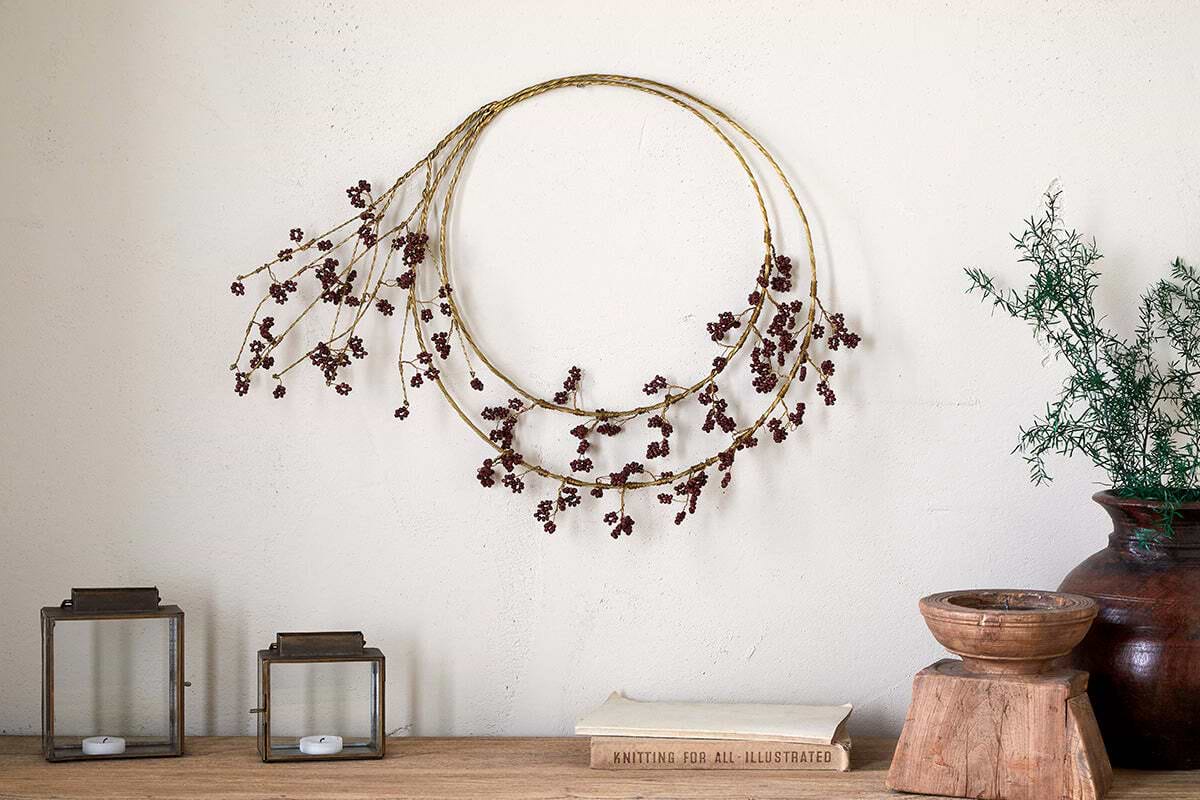 Tanu Layered Mango Wood Beaded Wreath - Brass & Ruby-CHRISTMAS DECORATIONS-Nkuku