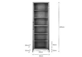 The Takua Iron Cabinet - Narrow by nkuku is a tall, slimline unit shown front-facing, measuring 180cm high and 60cm wide. Shelf heights are labeled as 26cm, 31cm, 60cm, 38cm, and 10cm from top to bottom—all in centimeters.