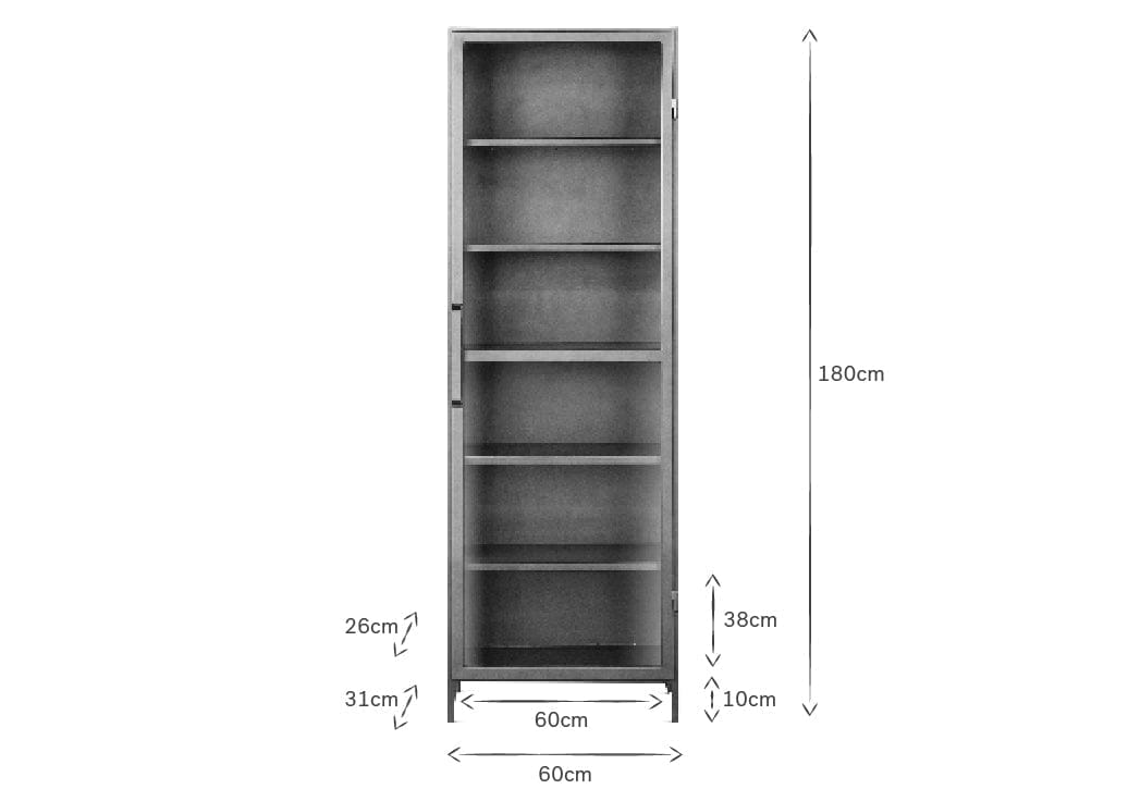 The Takua Iron Cabinet - Narrow by nkuku is a tall, slimline unit shown front-facing, measuring 180cm high and 60cm wide. Shelf heights are labeled as 26cm, 31cm, 60cm, 38cm, and 10cm from top to bottom—all in centimeters.