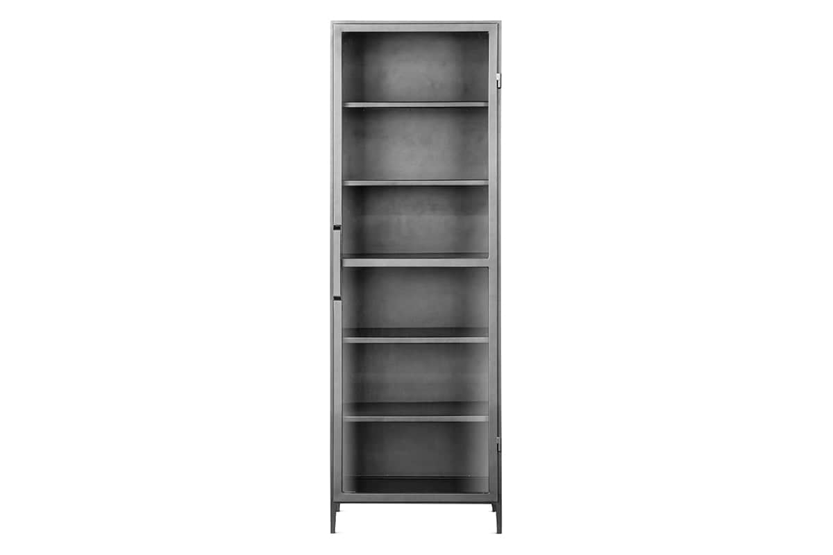 The Takua Iron Cabinet - Narrow by nkuku is a tall, slimline dark gray cabinet with glass-fronted doors and six shelves, shown against a white background.
