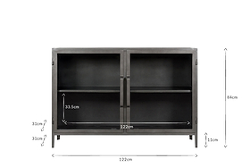 The Takua Iron Sideboard by nkuku features a black metal frame, two glass doors, and four 11cm-high legs. Measuring 122cm wide, 84cm tall, and 31cm deep, it includes two adjustable shelves (33.5cm high) for flexible kitchen storage.